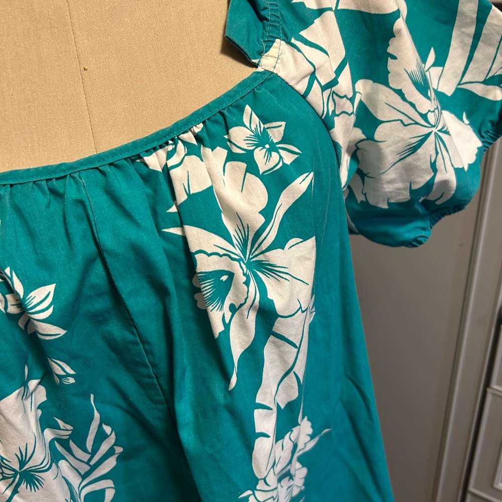 Vintage Hawaii Made Tropical Causal Dress Size Large Teal and White - Picture 3 of 7